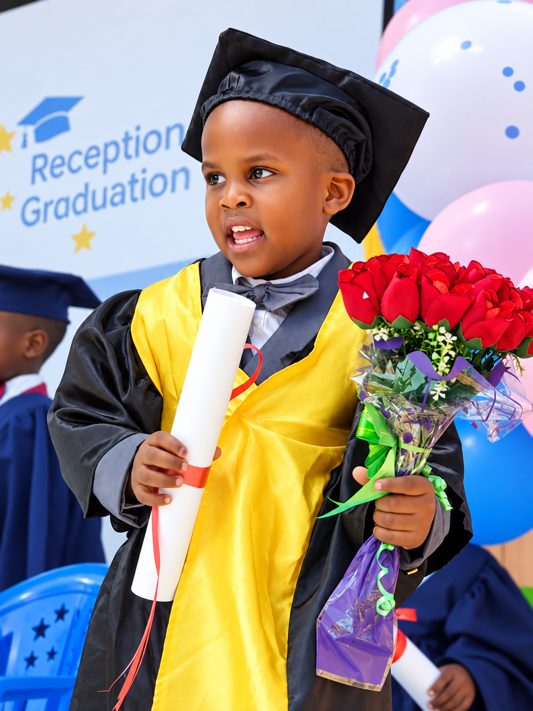 Young graduate holding a certificate and flowers